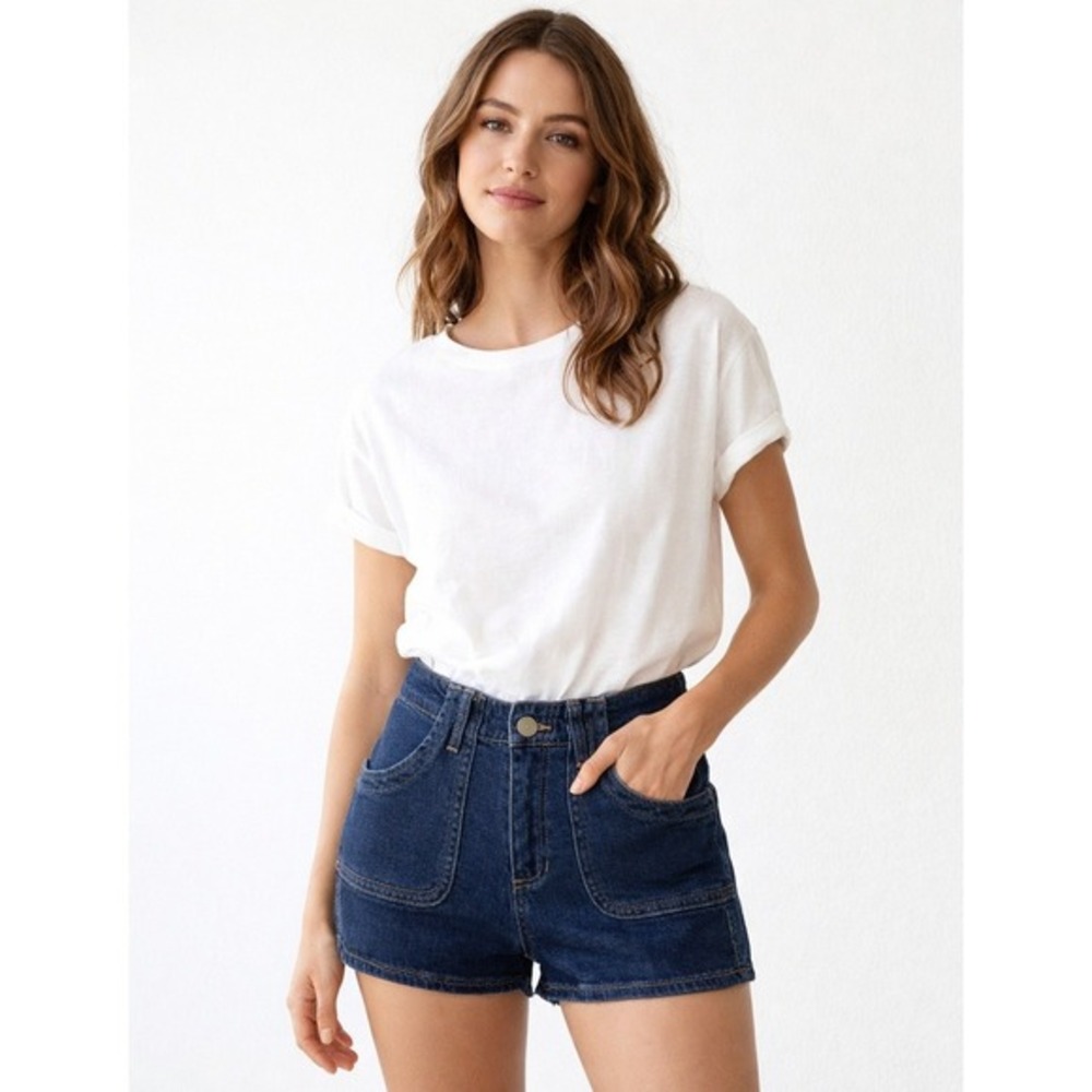 PTCL Ethical Clothing Womens High Waisted Denim Shorts Dark Wash‎ Blue Size 28